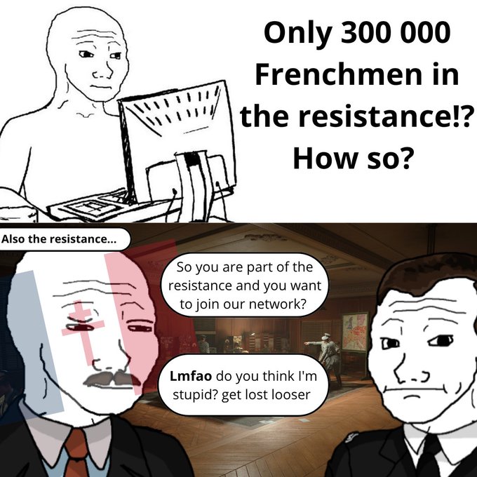 The image shows two men, a white man with a mustache wearing a suit and tie, and another man wearing a black suit and tie, both sitting at desks with computer monitors. The first man has a sad expression on his face while looking at the second man's monitor. There is also a cartoon drawing of a man in a suit and tie next to the two men.