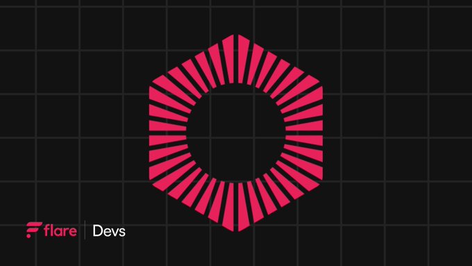 A magenta hexagon-shaped logo composed of radiating segments sits on a black grid background, with "flare | Devs" branding in the bottom left corner. The geometric, technical aesthetic of the design visually echoes the post's focus on confidential compute infrastructure and onchain verifiable systems being developed on the Songbird network via the proposed STP.13 upgrade.