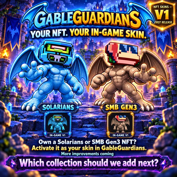 Promotional artwork for "GableGuardians" featuring muscular winged creatures with NFT pixel heads, advertising "SOLARIANS" and "SMB GEN3" as NFT skins for the game.