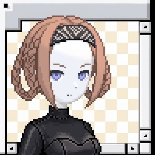 A pixel art anime-style character portrait of a pale-skinned girl with short brown hair and blue eyes wearing a black top.