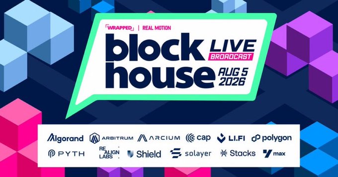 A promotional graphic for the "Wrapped | Real Motion Blockhouse Live Broadcast" on August 5, 2026, featuring an isometric cube design with logos of participating partners including Algorand, Arbitrum, Arcium, Cap, LI.FI, Polygon, Pyth, Re-Align Labs, Shield, Solayer, Stacks, and Ymax, which corresponds to the announcement of the third set of partners for the inaugural broadcast event.