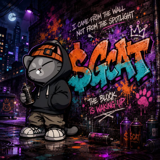 The image features a cat wearing a hoodie, standing next to a graffiti-covered wall with spray paint cans around it. The cat appears to be ready for action or adventure, possibly exploring the city at night. The caption of the image reads "I came from the wall, not from the spotlight", which is related to the post about Graffiti Cat and its connection to the graffiti on the wall.