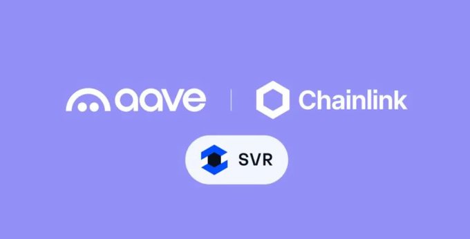 The image displays a light purple banner featuring the Aave and Chainlink logos side by side, with a Chainlink SVR (Smart Value Recapture) icon below them. The graphic visually represents the partnership described in the post, where Aave leverages Chainlink's SVR service to recapture liquidation MEV value and settle it in LINK tokens.