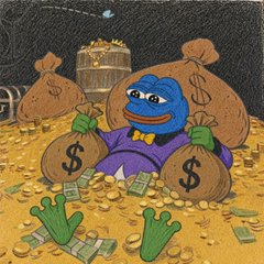A cartoon-style image of a blue Smurf-like character in a purple suit and bow tie, surrounded by piles of gold coins, money bags marked with dollar signs, and stacks of cash.