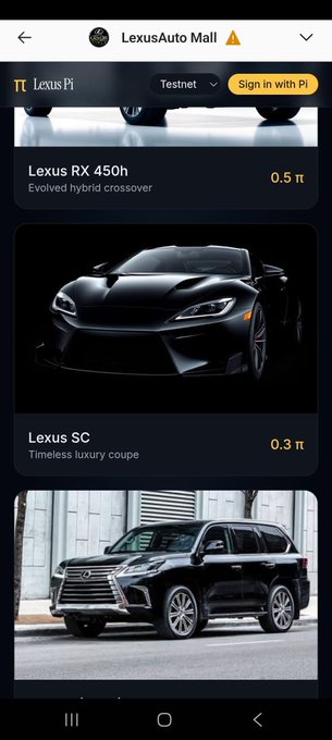 The image shows the LexusAuto Mall on the Pi Browser (Testnet), displaying listings for real-world vehicles priced in Pi (π): the Lexus RX 450h "Evolved hybrid crossover" at 0.5 π and the Lexus SC "Timeless luxury coupe" at 0.3 π, with a third Lexus SUV visible below. This visual directly illustrates the accompanying post's point about cars being listed in the Pi ecosystem as potential examples of Pi being used as a medium of exchange for real-world goods.