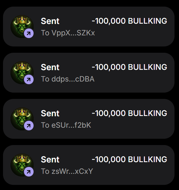 This image shows transactions of -100,000 BULLKING sent to various wallet addresses, confirming the giveaway mentioned in the accompanying post.