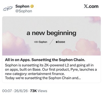 The image shows a Sophon (@Sophon) X.com post dated 26/6/26 announcing "a new beginning" by sunsetting the Sophon Chain, moving to Base L2, and launching "Pyre," a new entertainment finance category—aligning with the accompanying post's discussion of Sophon pivoting away from its original zkSync-based chain.