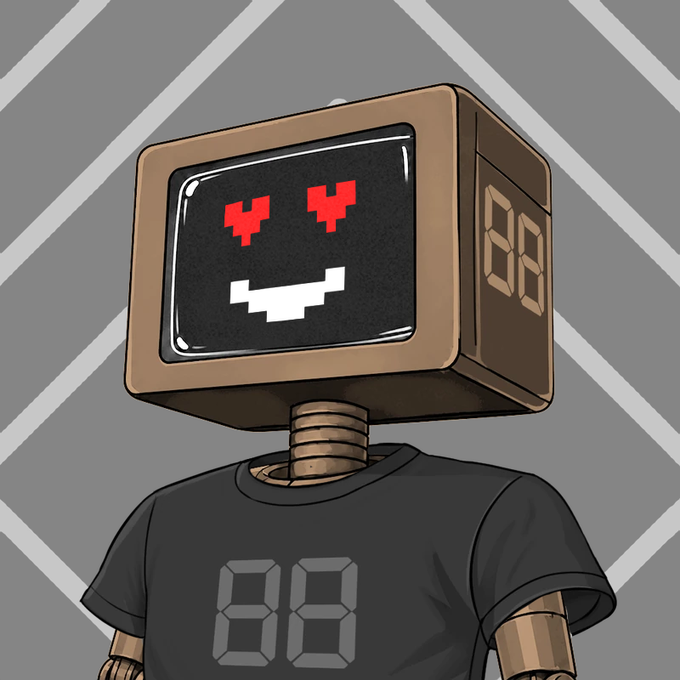 A digital illustration of a robot with a cube-shaped TV monitor head displaying red pixelated eyes and a white mouth, wearing a black t-shirt with '88' printed on it.