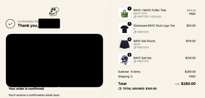 An order confirmation page showing a purchase totaling $280.00 (with $100.00 in total savings) for BAYC merchandise from Bored Ape Yacht Club, including a BAYC Puffer Tote, Distressed BAYC Skull Logo Tee, BAYC Sail Shorts, and BAYC Sail Hat. The accompanying Bored Ape logo at the top and the BAYC branding on all items connect the purchase to the @BoredApeYC community referenced in the post.