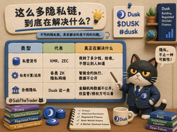 An infographic in Chinese explaining different types of privacy chains (隐私链), featuring a cartoon black cat character and the "Dusk" brand, with the handle "@SabTheTrader" visible.