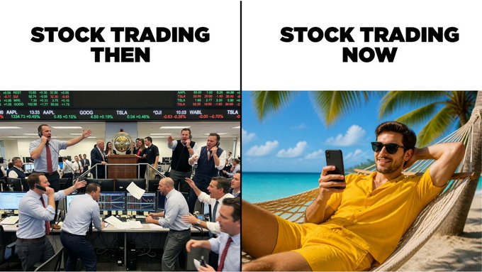 A split image contrasting "Stock Trading Then"—showing a chaotic Wall Street floor with traders shouting and suits, amid screens displaying tickers like AAPL, GOOG, TSLA, YJ, and WMT—with "Stock Trading Now," depicting a relaxed man in a yellow shirt and sunglasses lounging in a hammock on a tropical beach while trading on his phone. The visual humorously illustrates the post's message about modern, casual, mobile-friendly stock trading through bStocks, emphasizing accessibility and freedom over the traditional high-stress trading floor.