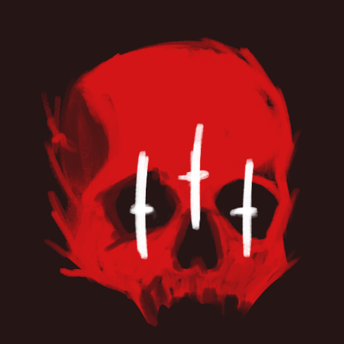 A striking red skull rendered in a glitchy, digital-paint style with three white tally-like marks across its eye sockets, fitting the dark, edgy aesthetic of the "DARK MACHINES" 1/1 NFT collection being teased on OpenSea.