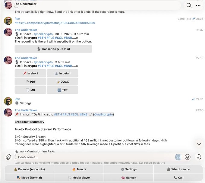 A screenshot of a Telegram chat with 'The Undertaker' bot discussing a crypto space, showing summaries about 'True2x Protocol & Steward Performance' and 'BitGit Security Breach'.
