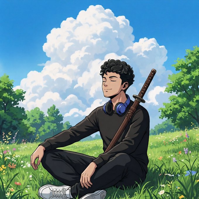 A young man with curly hair sits cross-legged in a peaceful, anime-style meadow with his eyes closed and a katana resting on his shoulder, wearing headphones around his neck. His serene, meditative pose evokes the calm focus of choosing between coffee or tea—both as comforting as the tranquil scene surrounding him.

(Note: No text, numbers, tickers, or names appear in the image itself.)