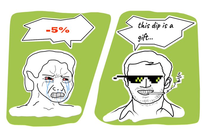 A Wojak-style meme with two panels: a crying Wojak saying '-5%' on the left, and a smug 'cope' Wojak wearing pixelated sunglasses saying 'this dip is a gift...' while smoking on the right.