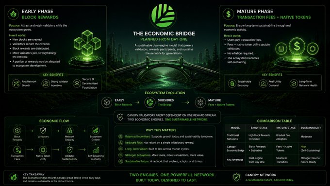 A dark-themed infographic titled 'THE ECONOMIC BRIDGE PLANNED FROM DAY ONE' explaining Canopy Network's three-phase ecosystem evolution from Early Phase (Block Rewards) through Subsides to Mature Phase (Transaction Fees + Native Tokens), with benefits and a comparison table against traditional networks.