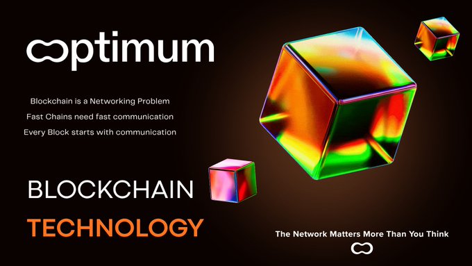 A promotional graphic for Optimum featuring colorful 3D cubes and text reading 'Blockchain is a Networking Problem' and 'BLOCKCHAIN TECHNOLOGY.'