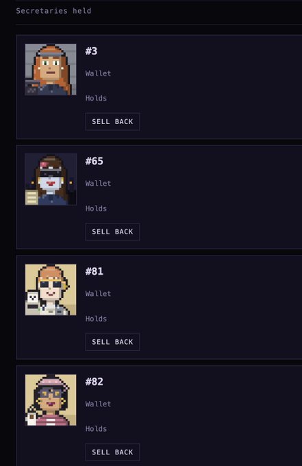 The image displays a "Secretaries held" section showing four pixel-art character NFTs (#3, #65, #81, #82), each with a "Wallet" and "Holds" field and a "SELL BACK" button, likely representing the StonkSecretary NFTs mentioned in the post about raffling off three secretaries to active Collective BTC discord members.