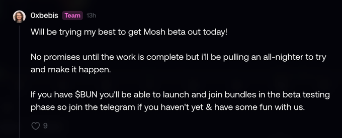 A screenshot of a Discord message from '0xbebis' (Team) stating they will try their best to get Mosh beta out, mentioning $BUN and a Telegram group.
