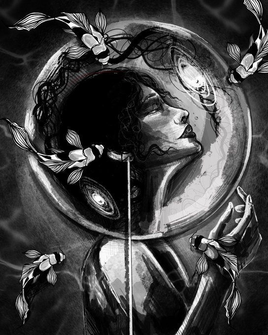 The image features a black and white illustration depicting a woman with curly hair wearing earrings, holding a fishbowl containing several fish swimming around her head. The scene is set against a dark background, which emphasizes the contrast between light and shadow. The artist has used this contrast to create an intriguing and captivating visual experience for the viewer.