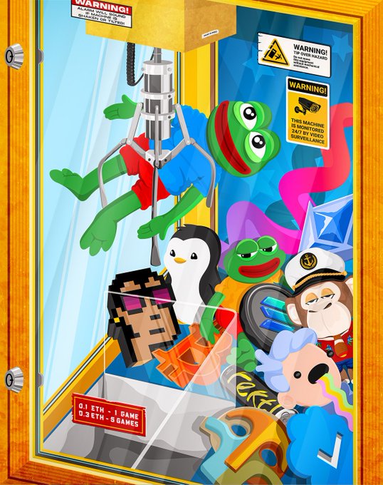 A colorful digital illustration styled like a claw machine filled with various crypto mascots and NFT characters, including Pepe the Frog, featuring warning labels and text reading '0.1 ETH - 1 GAME' and '0.3 ETH - 5 GAMES'.