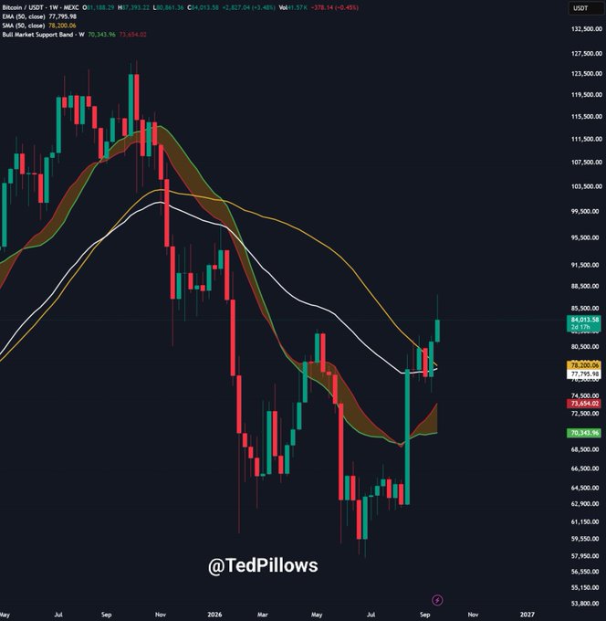 A Bitcoin (BTC/USDT) weekly candlestick chart on MEXC showing a price around $77,395, with moving averages and a watermark '@TedPillows'.