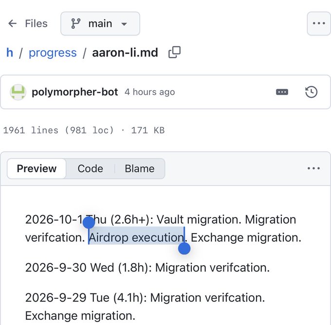 A screenshot of a GitHub repository file 'aaron-li.md' showing work progress logs from September and October 2026, with the entry 'Airdrop execution' highlighted in blue.