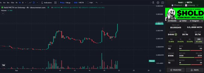 A cryptocurrency trading chart displays the 'Hold / WETH' pair (token address starting with 0xebb9c...), showing price movement with a $HOLD meme logo and market statistics like a $464K liquidity and 47.93% 24h price change.