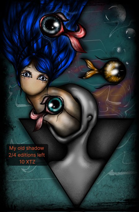 Digital artwork featuring an anime-style character with blue hair and large eyes inside a black triangular frame, accompanied by floating eyeball creatures and text reading "My old shadow 2/4 editions left 10 XTZ".
