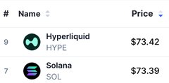 The image shows a list of logos for cryptocurrency names, including Hyper Liquid, Hype, Solarana, and Solana with their respective prices displayed below each logo. The list appears to be sorted in order, most recently listed being the one before the highest priced item at $73.39. There is no text or additional information on this image other than the price comparison for each cryptocurrency name against a backdrop of a price chart.