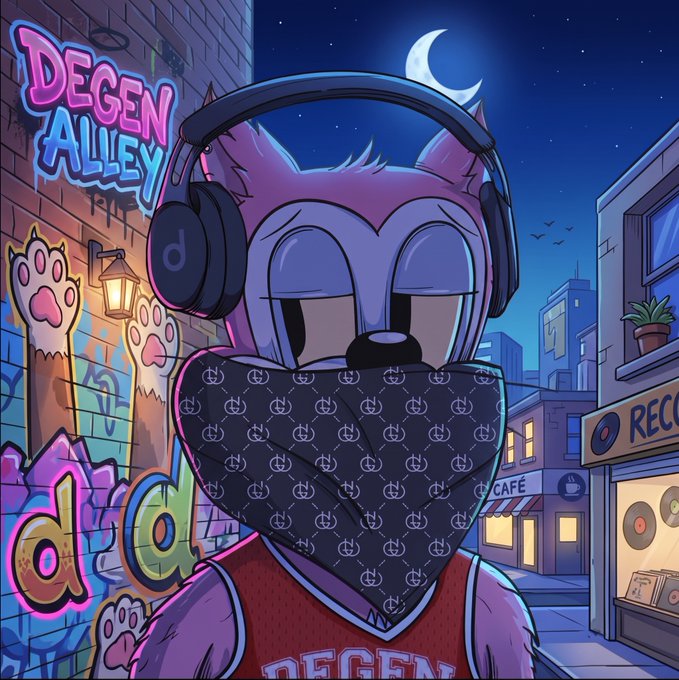An illustration of a purple anthropomorphic character wearing headphones and a Gucci-patterned bandana, standing in a neon-lit alley with graffiti reading 'DEGEN ALLEY'.