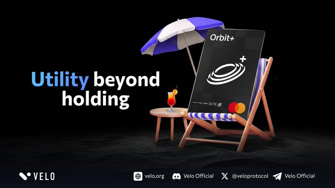 Velo cryptocurrency advertisement with the tagline 'Utility beyond holding,' displaying a beach chair with the Orbit+ debit card and social handles @veloprotocol / Velo Official.