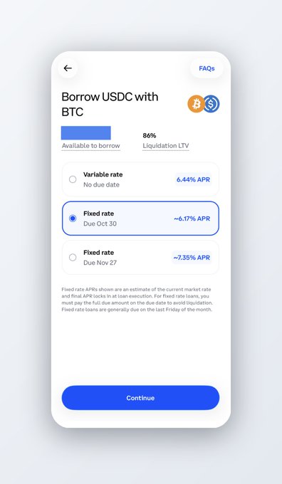 A mobile app screenshot titled 'Borrow USDC with BTC' showing a 86% Liquidation LTV with options for Variable rate (6.44% APR), Fixed rate due Oct 30 (~6.17% APR, selected), and Fixed rate due Nov 27 (~7.35% APR), with a Continue button.