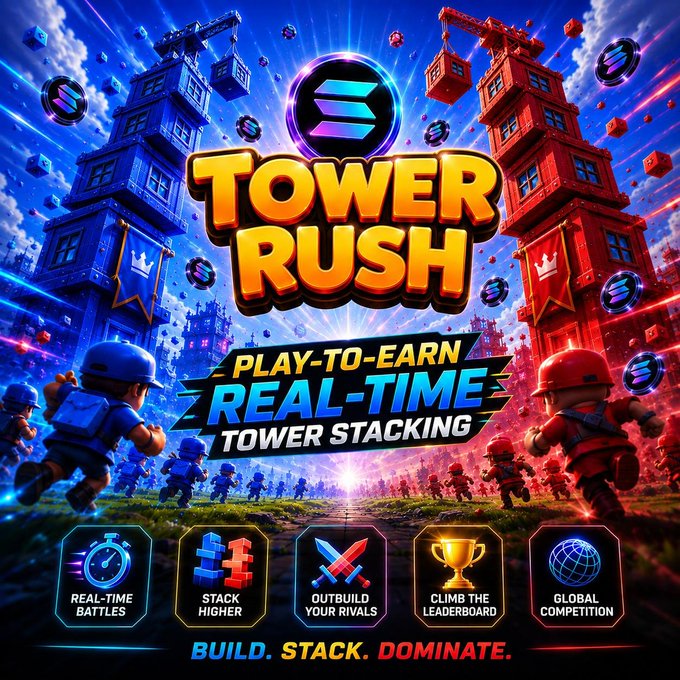 A promotional graphic for the game 'Tower Rush' advertising play-to-earn, real-time tower stacking gameplay with the tagline 'Build. Stack. Dominate.'