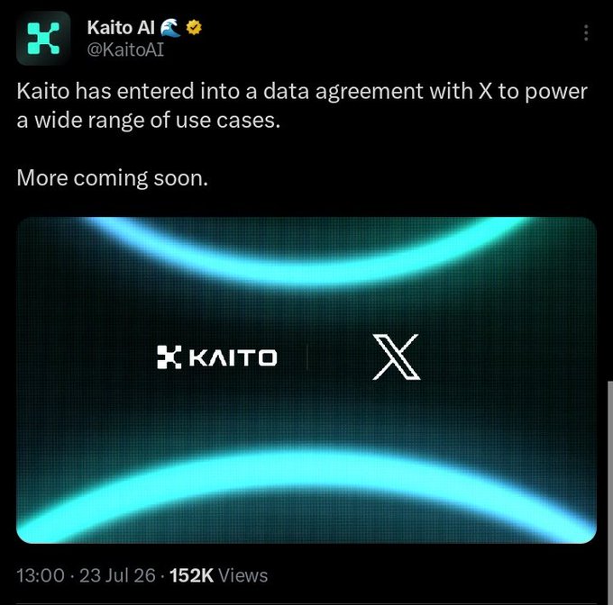 A tweet from Kaito AI (@KaitoAI) announcing a data agreement with X to power a wide range of use cases, featuring a graphic with the Kaito and X logos.