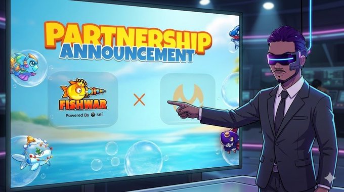 The image features a man dressed in a suit standing next to a large screen displaying two logos for FishWar, a video game company. The man appears to be giving an announcement or presentation related to the partnership between FishWar and another company. There are also bubbles surrounding the screens, adding visual interest to the scene.