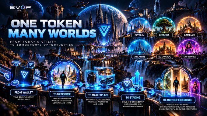 A promotional graphic for 'EVOP' token titled 'ONE TOKEN MANY WORLDS', showcasing various worlds like Elysium, Lemuria, Camelot, Atlantis, El Dorado, and Tap World, with sections for wallet, metaverse, marketplace, staking, and another experience.