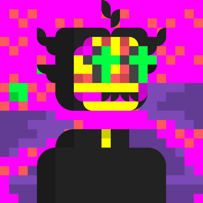 A pixelated digital artwork featuring a character with horns and a face split between yellow and green glitch patterns against a pink and purple background.
