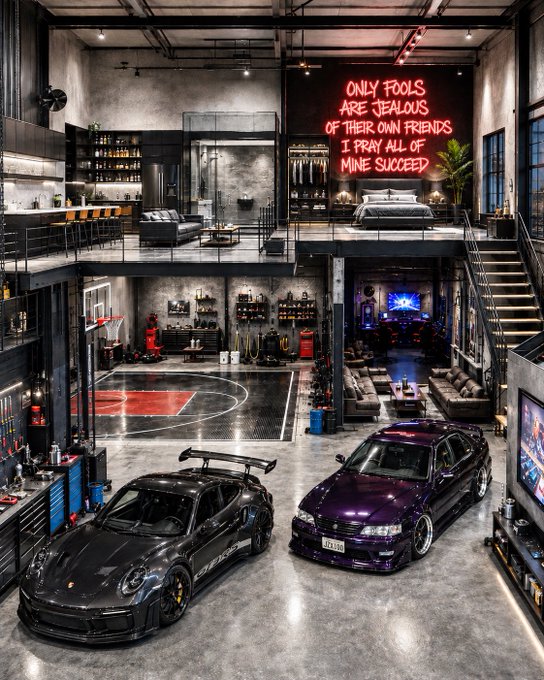 A luxurious industrial-style garage/mancave featuring a black Porsche 911 and a purple Nissan Skyline R34 parked beneath a basketball court area, with a glowing red neon sign reading "ONLY FOOLS ARE JEALOUS OF THEIR OWN FRIENDS I PRAY ALL OF MINE SUCCEED."

The image embodies the post's "abundance of health & wealth" message, visually showcasing the aspirational lifestyle of opulence and success that aligns with the "lock in" mindset, while the featured neon quote reinforces the theme of confident self-assurance over envy.