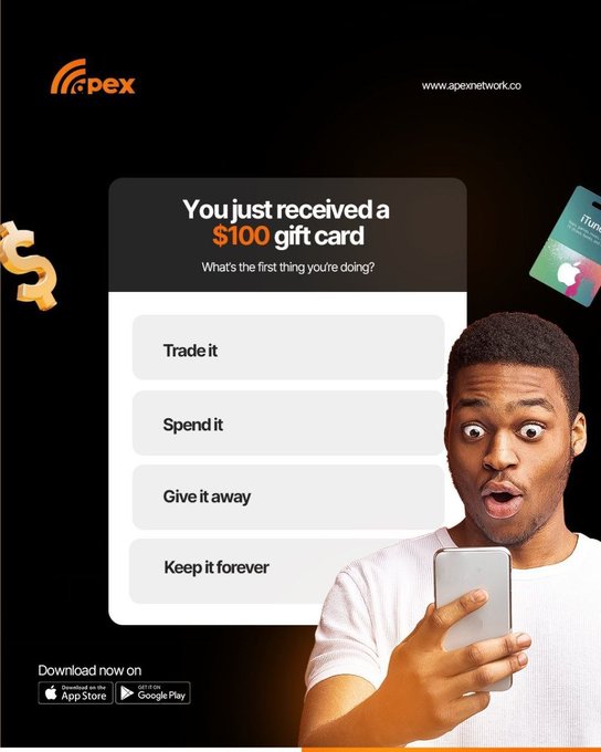 Apex Network advertisement showing a surprised man holding a smartphone, with a pop-up reading 'You just received a $100 gift card' offering options to trade, spend, give away, or keep it forever.