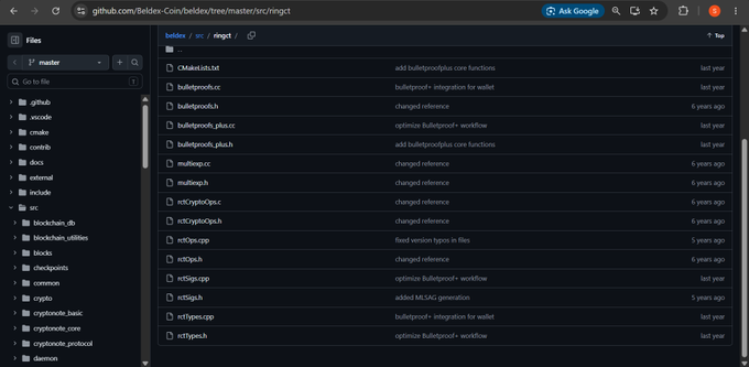 A GitHub repository page for Beldex-Core showing the contents of the master/src/ringct folder, listing source code files like CMakeLists.txt, bulletproofs.cc, and multiicap.cc.