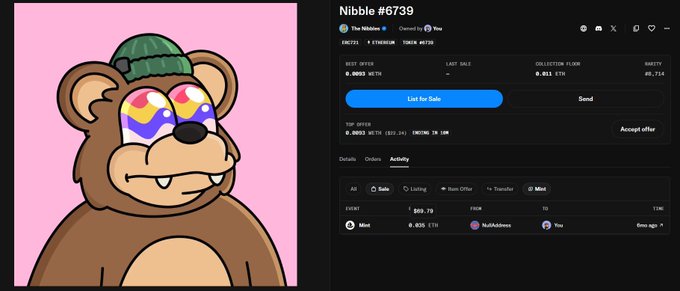 A digital display showing an NFT listing on OpenSea for 'Nibble #6739', part of 'The Nibbles' collection, featuring a cartoon bear with heart-shaped sunglasses and a beanie on a pink background.