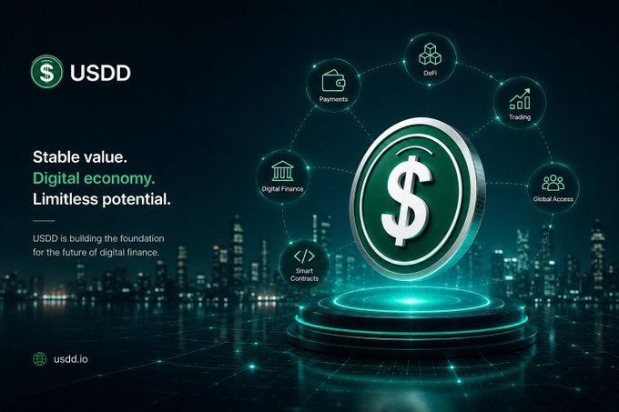 A promotional graphic for USDD featuring a glowing 3D coin with a dollar sign on a neon-lit platform, surrounded by icons labeled "Payments," "DeFi," "Trading," "Digital Finance," "Global Access," and "Smart Contracts," with the tagline "Stable value. Digital economy. Limitless potential." and the URL "usdd.io," visually reinforcing the post's message about USDD's role as foundational blockchain infrastructure enabling next-generation digital finance applications.