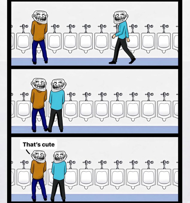 A three-panel comic using Trollface characters in a men's restroom, ending with one character saying 'That's cute' to the other.