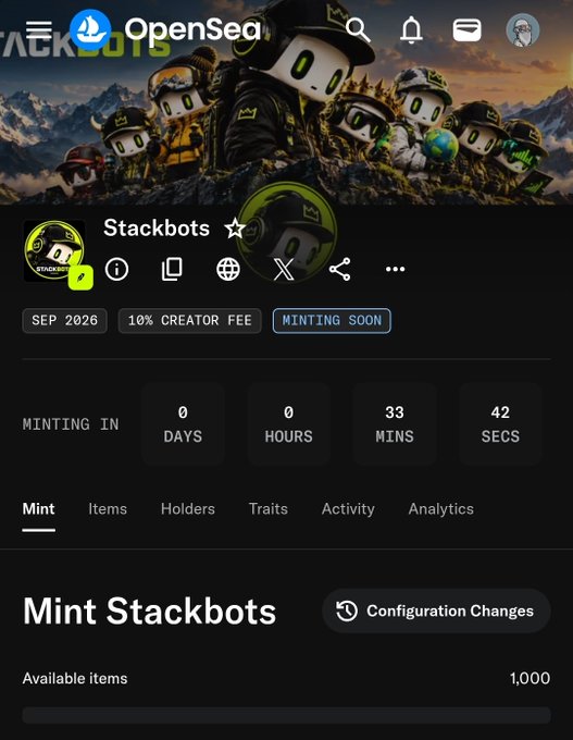 The image shows an OpenSea page for an NFT collection called "Stackbots," featuring cartoon robot characters in military-themed outfits as the banner artwork. The collection, created by @ben__crypto23, is marked as "MINTING SOON" with a 10% creator fee and a September 2026 launch date, while a countdown timer displays 33 minutes and 42 seconds remaining. With 1,000 available items, the page aligns with the post's anticipation of the upcoming mint, highlighting the user's excitement and concern about being able to mint on time while at work.