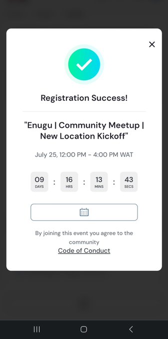 Registration success confirmation for 'Enugu | Community Meetup | New Location Kickoff' event scheduled for July 25, 12:00 PM – 4:00 PM WAT, with a countdown showing 09 days, 16 hours, 13 minutes, 43 seconds.