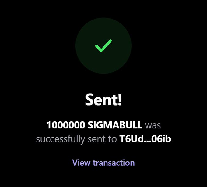 A mobile screen displays a transaction confirmation with a green checkmark, showing that 1,000,000 SIGMABULL was successfully sent.