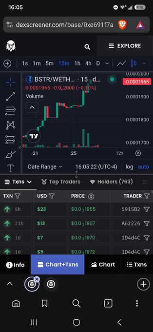 A mobile screenshot of dexscreener.com showing a live candlestick chart for the BSTR/WETH trading pair on Base, with transaction details listed below.