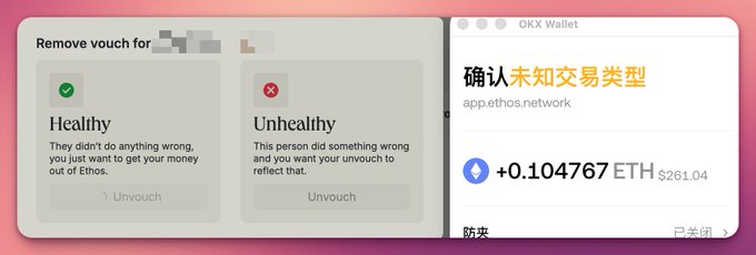 A digital wallet interface showing options to 'Remove voucher for' a healthy or unhealthy revoucher, alongside an OKX Wallet transaction confirming 0.104767 ETH ($261.04) on app.ethos.network.