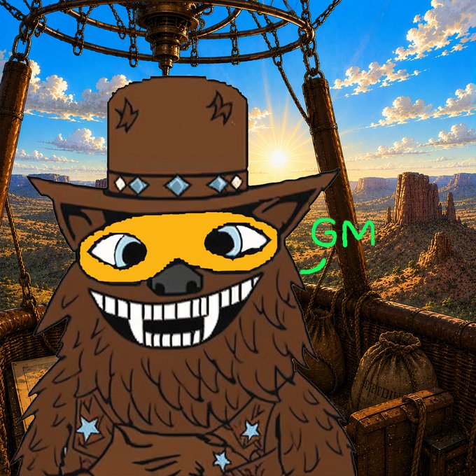 A digital illustration of a brown furry character with large eyes and sharp teeth wearing a decorated hat, labeled 'GM' in green text, set against a backdrop of a hot air balloon basket overlooking a canyon landscape at sunrise.